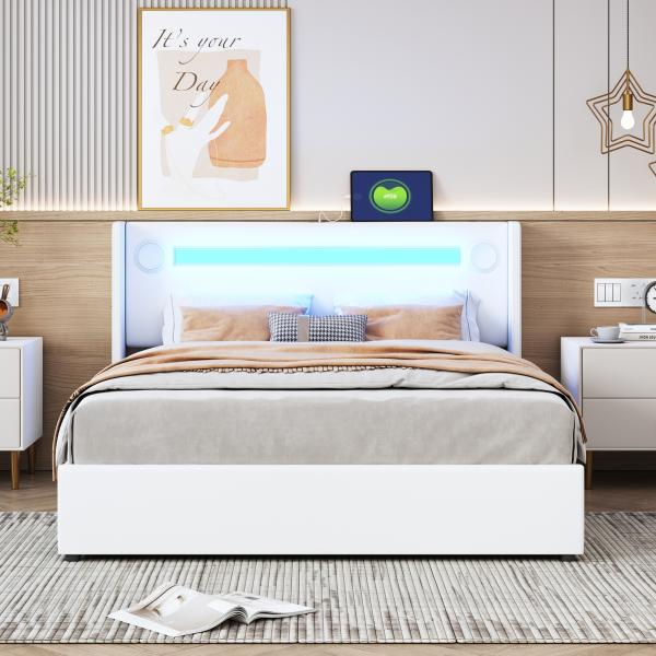Merax Polsterbett 140x200 Bett mit LED-Lichtleiste, Bluetooth-Player und USB-Aufladung, Stauraumbett aus PU-Leder, Doppelbett Weiß Bild 3