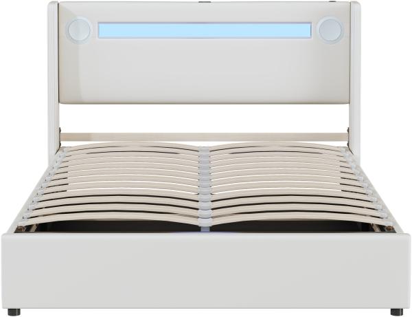 Merax Polsterbett 140x200 Bett mit LED-Lichtleiste, Bluetooth-Player und USB-Aufladung, Stauraumbett aus PU-Leder, Doppelbett Weiß