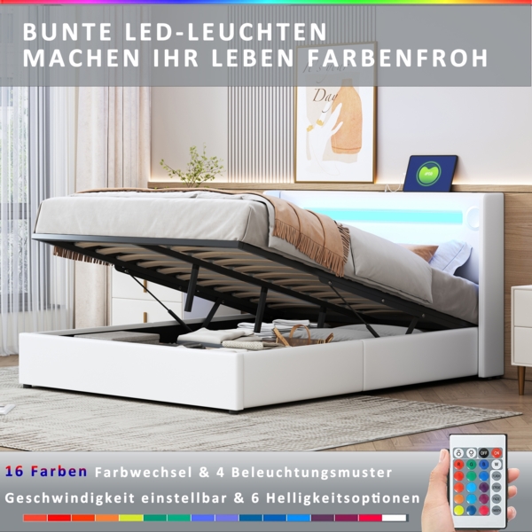 Merax Polsterbett 140x200 Bett mit LED-Lichtleiste, Bluetooth-Player und USB-Aufladung, Stauraumbett aus PU-Leder, Doppelbett Weiß Bild 8