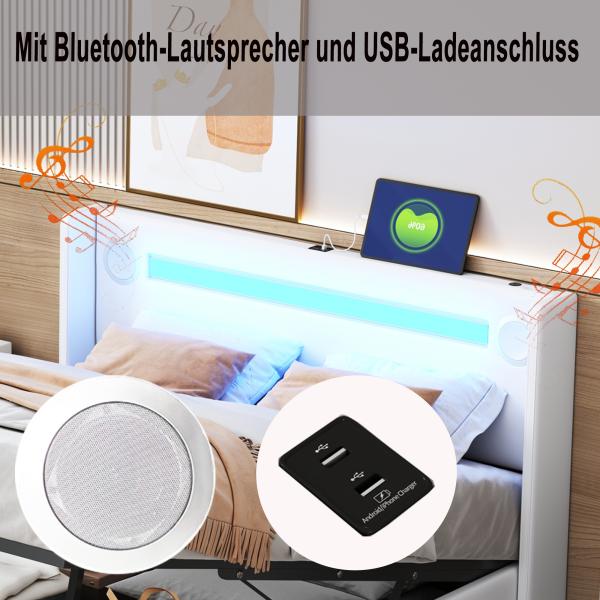 Merax Polsterbett 140x200 Bett mit LED-Lichtleiste, Bluetooth-Player und USB-Aufladung, Stauraumbett aus PU-Leder, Doppelbett Weiß Bild 5