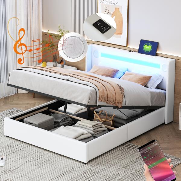Merax Polsterbett 140x200 Bett mit LED-Lichtleiste, Bluetooth-Player und USB-Aufladung, Stauraumbett aus PU-Leder, Doppelbett Weiß Bild 2