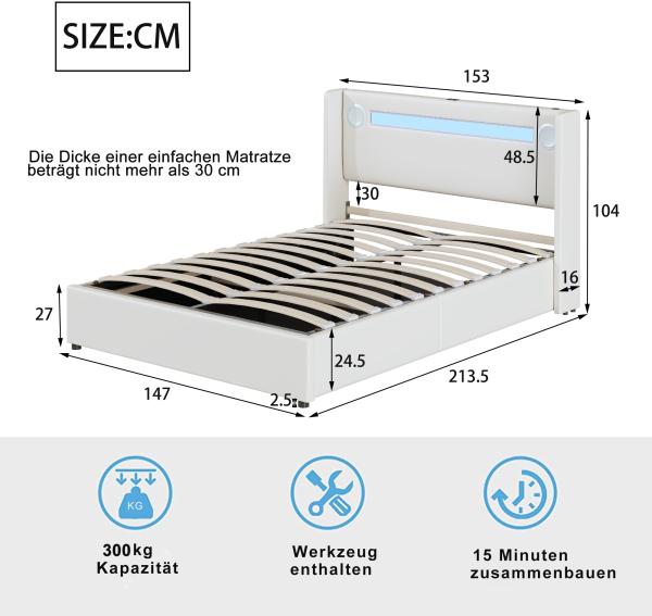 Merax Polsterbett 140x200 Bett mit LED-Lichtleiste, Bluetooth-Player und USB-Aufladung, Stauraumbett aus PU-Leder, Doppelbett Weiß Bild 6