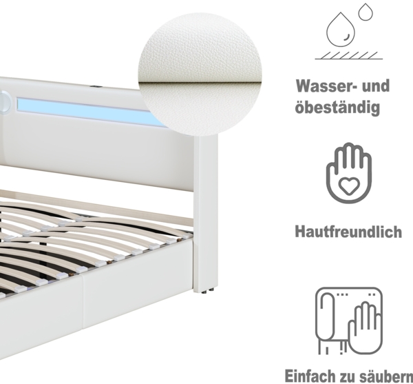 Merax Polsterbett 140x200 Bett mit LED-Lichtleiste, Bluetooth-Player und USB-Aufladung, Stauraumbett aus PU-Leder, Doppelbett Weiß Bild 7