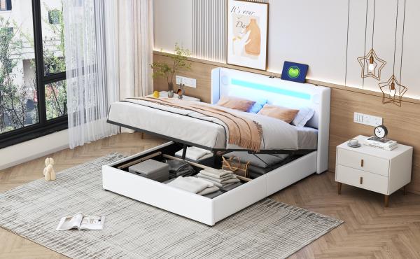 Merax Polsterbett 140x200 Bett mit LED-Lichtleiste, Bluetooth-Player und USB-Aufladung, Stauraumbett aus PU-Leder, Doppelbett Weiß Bild 10