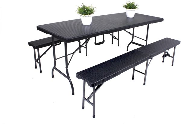 Bierzeltgarnitur RITA 3-teilig Tisch & 2x Bank Schwarz Kunststoff | Buffettisch Gartengarnitur Klapptisch Klappbank Gartentisch