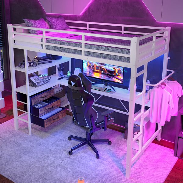 Hochbett 90x200 cm, Metall & MDF, Ambientelicht mit Fernbedienung, Schreibtisch mit Steckdose/USB, 3 Schubladen, Treppe，Weiß