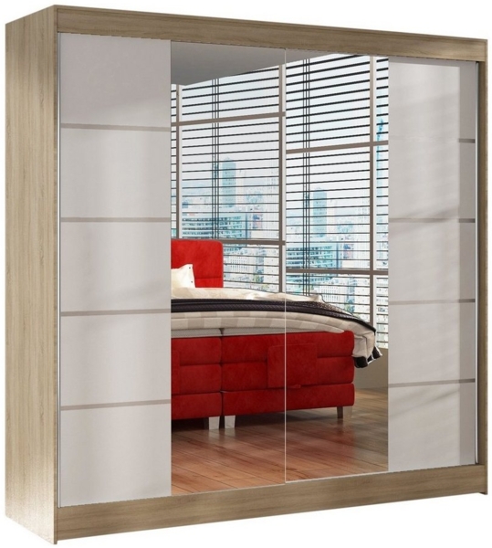 Schwebetürenschrank Basti V 200 cm mit Spiegel - Kleiderschrank mit 2 Türen, Kleiderstange und Einlegeboden, Schlafzimmerschrank, Schiebetürenschrank 200x215x58 cm (Sonoma/Weiß)