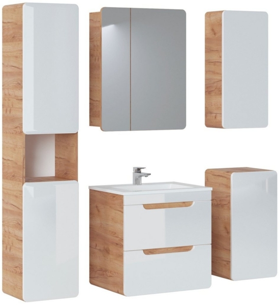 Badmöbel Set 5-tlg Badezimmerset FERMO Weiss HGL inkl. Waschtisch 60cm
