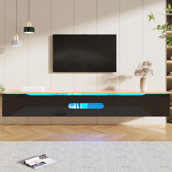 Ball & Cast TV Board Hängend & Stehend mit 3 Staufächern und integrierter Beleuchtung, 180 x 35 x 30 cm, Schwarz + Original Holzfarbe