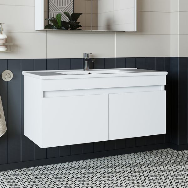 Roomart ATRIA-100 Badmöbel Set– 2-teiliges Badezimmermöbel Set - Waschbecken mit Unterschrank - H 45 x B 45 x T 100 cm • Weiß