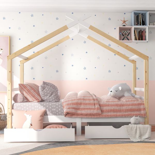 Bett 90x200 cm Hausbett aus Kiefernholz mit Schubladen – platzsparendes Kinderbett in Weiß