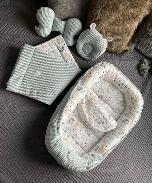 Loolay Bettnestchen Minze WAFFELPIQUE/ HASE Beige Weiß Babynest Babyausstattung, (Reisebett Nestchen SOLO/ o. in PREMIUM Geschenk SETS für Neugeborene, 5-tlg, 4 Jahreszeiten ATMUNGSAKTIVER WAFFELSTOFF Bestseller GESCHENK), LOOLAY® - 100% Europäische St...