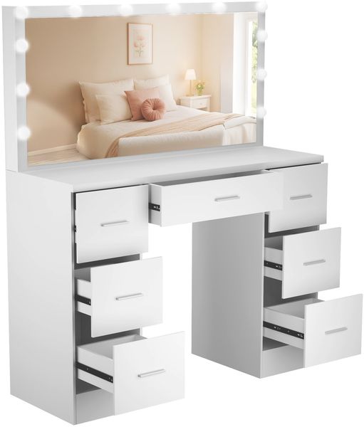 Schminktisch MALMÖ mit Hollywoodspiegel - 110 x 40 x 135 cm, Holz, Weiß | Kosmetiktisch Schminken Make-Up-Tisch
