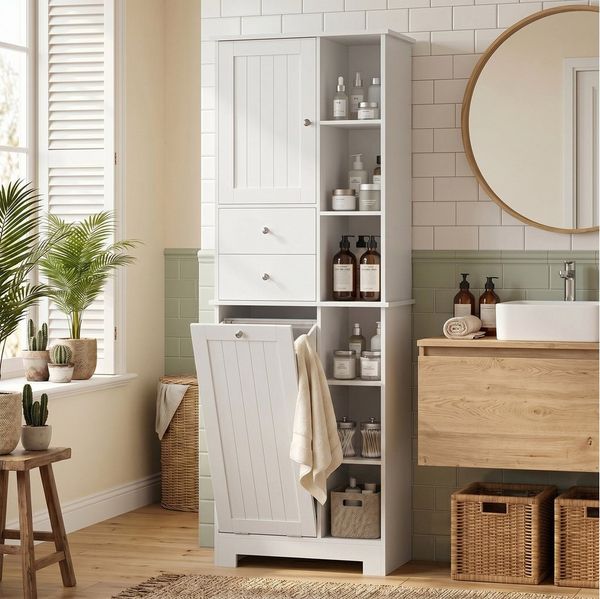 HOMCOM Badkommode Badezimmerschrank Hochschrank mit 2 Schubladen (Set, 1 St, Badschrank), Wäschekorb, Soft-Close, schmal