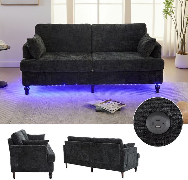 Flieks 2-Sitzer Sofa mit LED-Beleuchtung, USB-Anschluss & Aufbewahrungstasche, Chenille, Schwarz