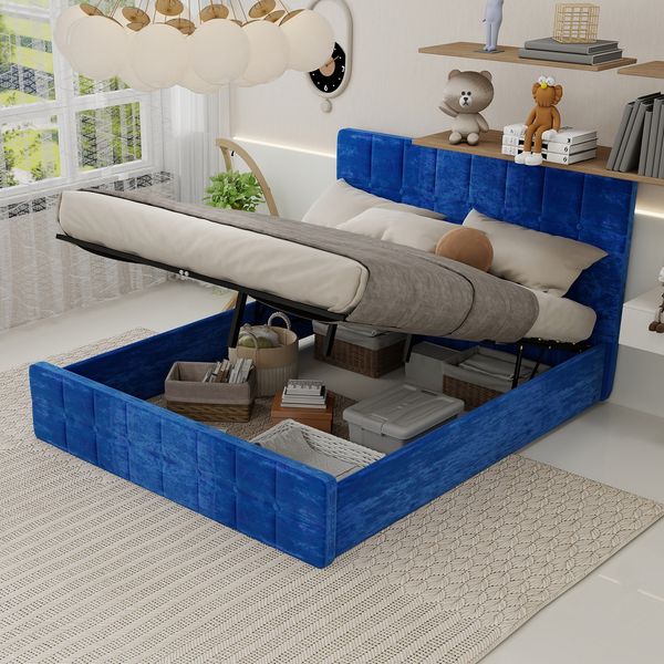 Soft padded velvet upholstered bed with headboard, blue velvet fabric, modern bedroom design, storage space, suitable for mattress size 160 × 200cm.