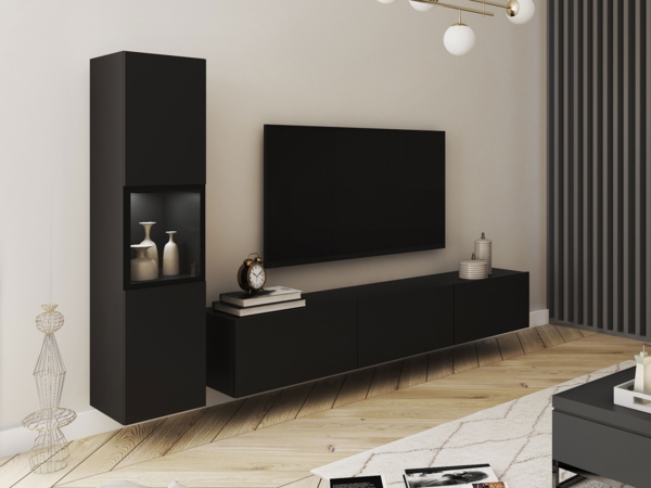 Wohnwand Bentlor I (Farbe: Schwarzer Graphit, mit weißer LED Beleuchtung)