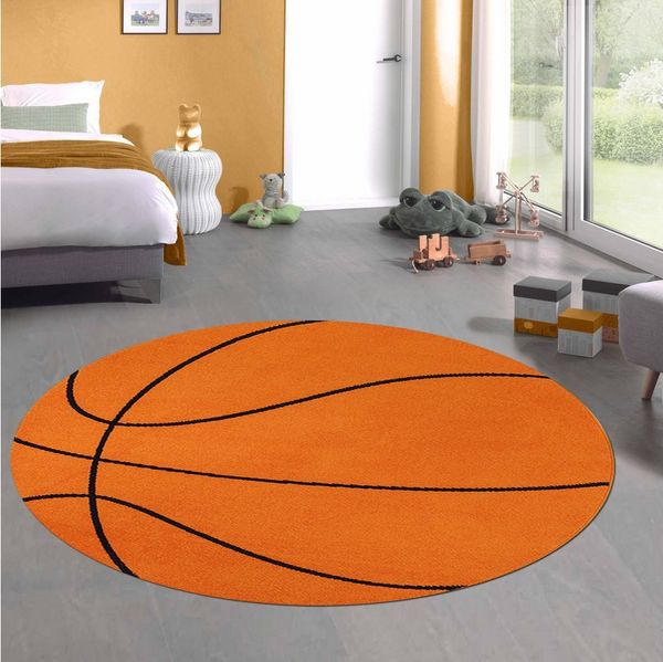 Carpetia Kinderteppich Runder Basketball-Teppich Sportliches Design in Orange Schwarz, rund