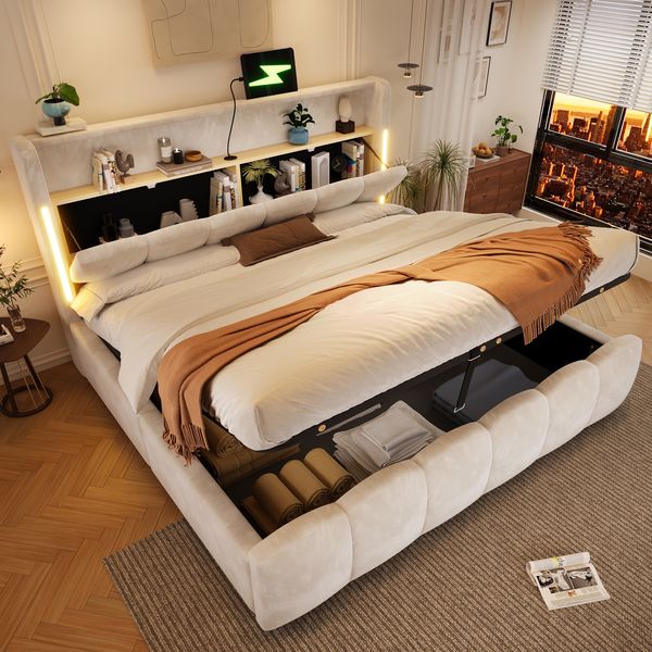 Merax Polsterbett, Doppelbett 180x200 cm, LED-Beleuchtung, Kopfteil mit Staufach, Hydraulisch Stauraumbett, Mit USB- und Typ-C-Anschlüssen, Samt, Beige