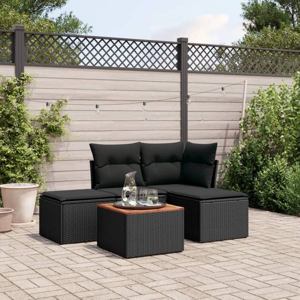 vidaXL 5-tlg. Garten-Sofagarnitur mit Kissen Schwarz Poly Rattan 3255915
