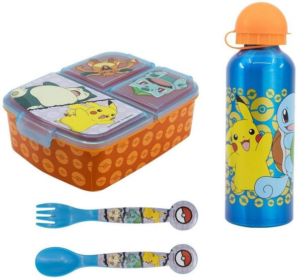 POKÉMON Lunchbox Pokemon Pikachu Kinder 4 tlg. Set, (Spar-Set), 3 Kammern Brotdose Gabel Löffel XL Alu-Flasche