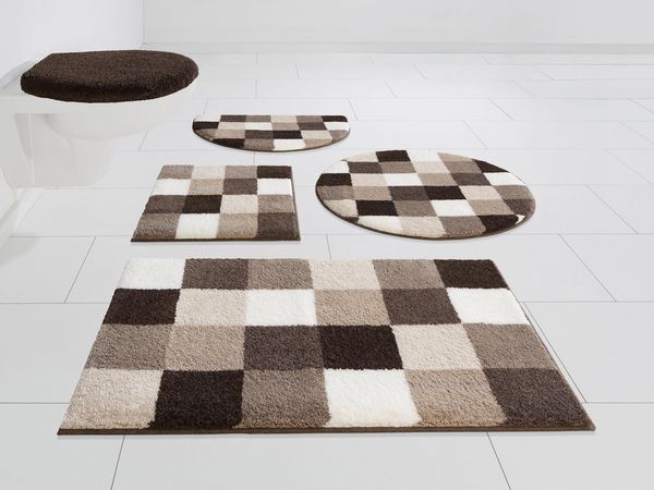 Grund Badematte Mosaik, Badvorleger, Badezimmer Teppich, sehr weich, Höhe 20 mm, rutschhemmend beschichtet, fußbodenheizungsgeeignet, Kunstfaser, rechteckig, 3-tlg. Stand-WC Set, angenehm weich, auch als 3 teiliges Set erhältlich, Made in Europe