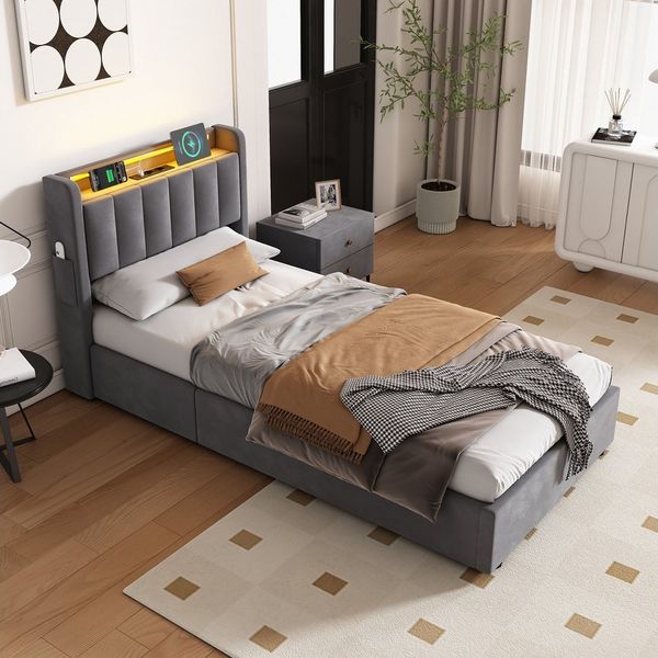STILVORA Polsterbett 90×200 mit matratze&bettkasten,Bettgestelle Boxspringbett mit USB&LED (Funktionsbett mit Fernbedienung, Gepolsterter Rand, Samtstoff, Metallrahmen, Kompfort, Grau), Jugendbett ohne matratze, Stauraumbett für verschiedene Raumstile