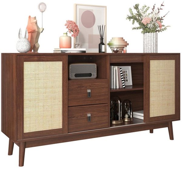 Merax Sideboard Skandi mit 3 Schiebetüren und 2 Schubladen (155 L x 38 B x 80 H, Brise), Rattan geflecht Kommode, Anrichte, Schrank mit Holzfüßen, Breit:155cm