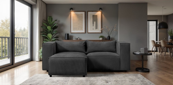 Ecksofa Designersofa NEVIO XS in Stoff Lincoln Schwarz Ottomane Links