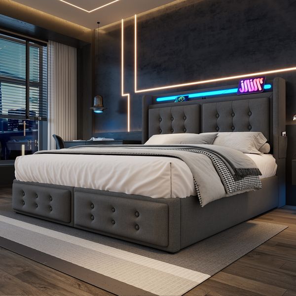 Polsterbett 160×200 cm mit Ladefunktion & LED-Beleuchtung, Stauraum, Baumwoll-Leinen Bezug Grau