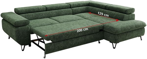 MKS Möbel 'Pablo L-Form' Ecksofa mit Schlaffunktion, verstellbare Kopfstützen, Dunkelgrün, Schenille grob, T25 Topper, Rechts Bild 7