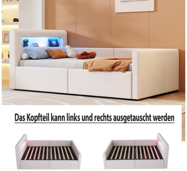 Flieks Polsterbett, Hydraulisches Stauraumbett Kinderbett 90x200cm mit Led und USB/Typ-C Bild 3