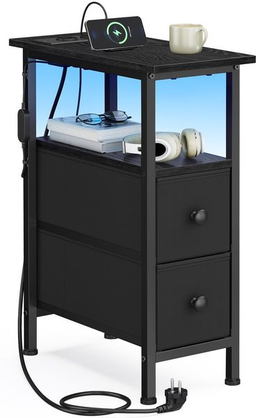 SONGMICS BELLAH Kollektion - Beistelltisch, Nachttisch mit Steckdosenleiste, Sofatisch mit LED-Beleuchtung, 2 Schubladen, Nachtschrank, Wohnzimmer, Schlafzimmer, tintenschwarz LGS002B102