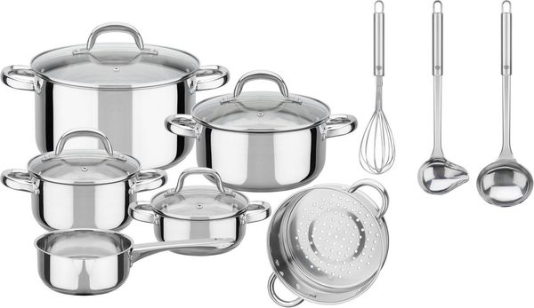 GSW Topf-Set Montreal, Edelstahl (Set, 13-tlg, je 1 Kochtopf 14/16/20/24 cm, 1 Stieltopf 14 cm), inkl. aller Kochutensilien, die eine Haushaltsküche benötigt Induktion