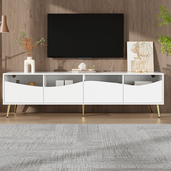 TV-Schrank 180 x 40 x 50 cm aus MDF in Weiß mit Glasfronten, LED & goldfarbenen Metallfüßen