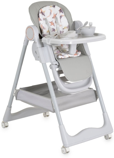 Moni Kinderhochstuhl Surprise faltbar Lätzchen Schüssel Löffel Gabel Räder Korb grau