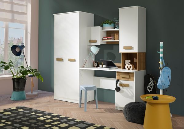 Marmex Möbel Grant Set-MINI Jugendzimmer-Set 3-teilig mit Kleiderschrank, Schreibtisch, Aufsatz für Schreibtisch Kinderzimmermöbel mit Schreibtisch, laminierte Spanplatte, Kleiderstange, weiß+riviera Eiche, 200x195x54 cm