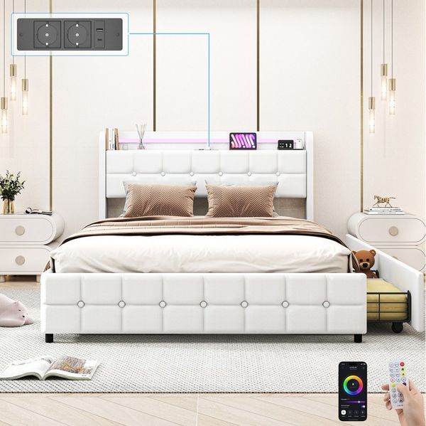 oyajia Polsterbett LED Doppelbett 140x200cm mit Ladefunktion und 2 Schubladen Polsterbett, Einzelbett Bettgestell mit Kopfteil und Lattenrost, Leinen Polsterbett