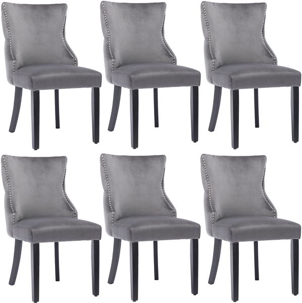 4-Fußstuhl 6er Set in Grau Samt mit Knopfsteppung und Massivholzgestell, Esszimmerstuhl