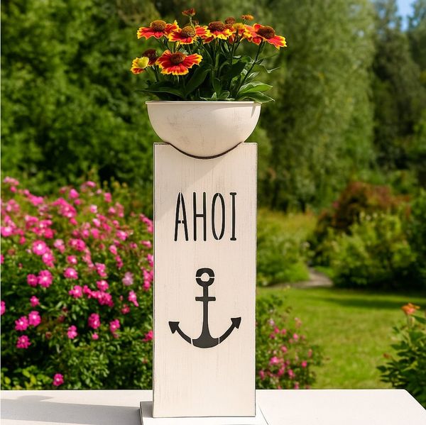BOLTZE Dekosäule Dekosaeule Ahoi Anker mit Pflanzschale Metall weiss maritim (2 St)