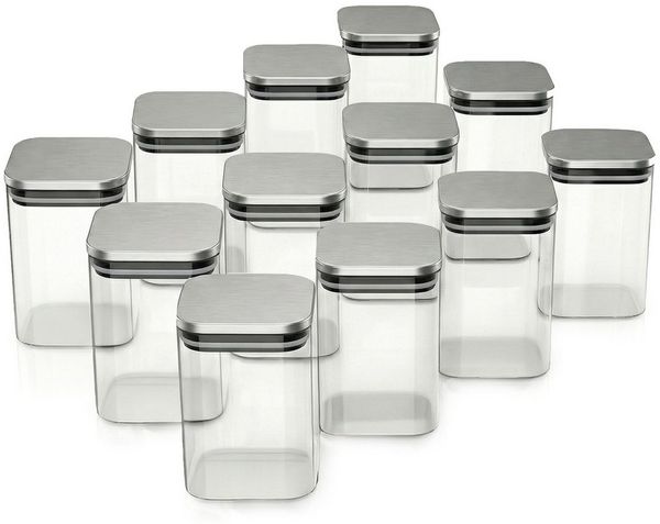 Arendo Aufbewahrungsbecher Glasbehälter-Set 12x 1,2 L Borosilikat quadratisch mit Edelstahldeckel, Borosilikatglas, Edelstahl, Silikon, (Vorratsbehälter-Set, 12-tlg, 12er Set), luftdicht, hitze & kältebeständig, Mikrowellen & spülmaschinengeeignet