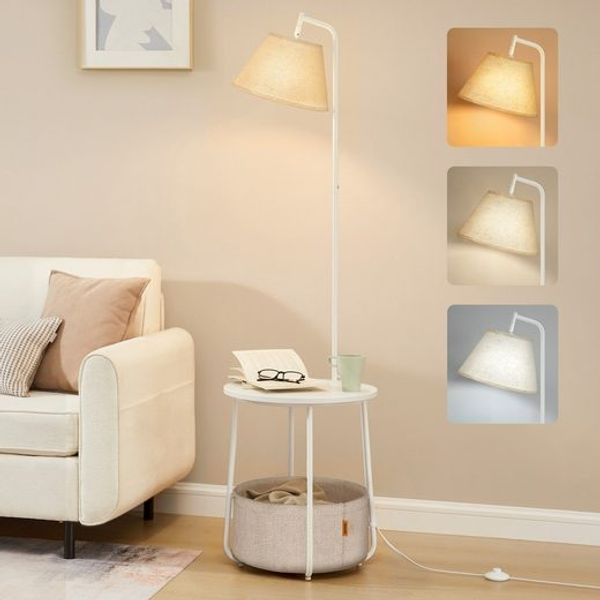 VASAGLE Beistelltisch mit Lampe, 3-in-1, Stehlampe mit Tisch und Korb aus Stoff, für Wohnzimmer, Nachttisch, LED-Glühbirne, Licht und Lampenschirm einstellbar, Stahlrahmen, mattweiß