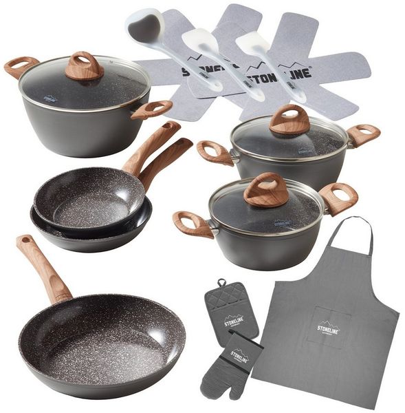STONELINE Topf-Set STONELINE® 17-teiliges Koch-Set, mit Glasdeckeln, Keramik, Aluminium (Set, 17-tlg), mit echten Steinpartikeln, induktionsgeeignet