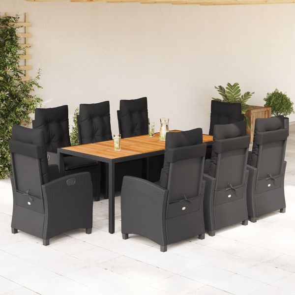 vidaXL 9-tlg. Garten-Essgruppe mit Kissen Schwarz Poly Rattan 3212670