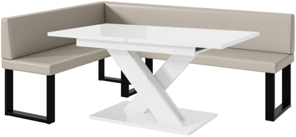 MEBLINI Eckbank für Esszimmer mit ausziehbarem Tisch - Küchenbank - Essecke - Sitzecke Küche - TONI - U-Beine 142x196x87cm Links - Beige Kunstleder/B Weiß Hochgl.