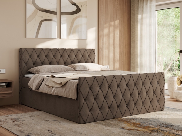 Boxspringbett mit gesteppter Front und Kopfteil, Multipocket-Matratze, zwei Bettkästen - MIREN DUO - 180 x 200 cm - Braun Velvet - H3