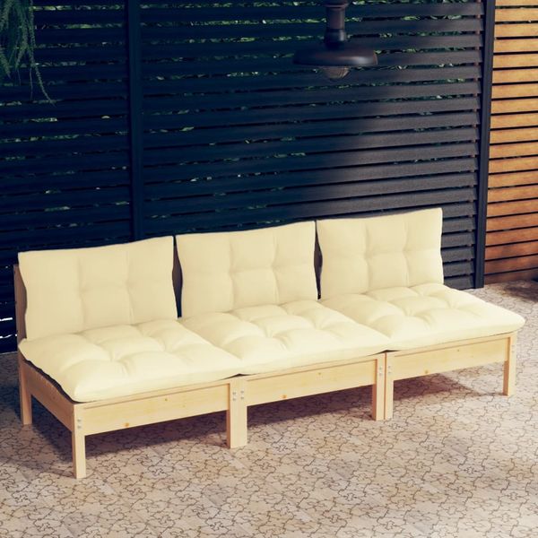vidaXL 3-Sitzer-Gartensofa mit Creme Kissen Massivholz Kiefer 3096076