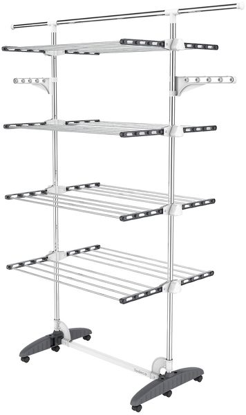 Todeco Wäscheständer Turm Klappbar, Wäscheturm 4 Ebenen aus Edelstahlrohre, Turmtrockner mit 6X Rollen, Ausziehbare obere Leiste, Flügel, Mobiler Turmwäscheständer für Wäscheraum Badezimmer, Grau