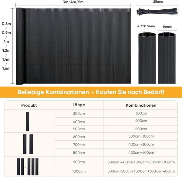 PVC Sichtschutzmatte Balkon Sichtschutz Doppelte Verstärkung Sichtschutzzaun Ohne Bohren Anthrazit, 100x400 cm Bild 7