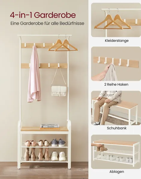 Vasagle Garderobenständer mit 9 Abnehmbaren Haken und mit Sitzfläche, Holz/ Metall weiß/natur, 72 x 183 x 33, HSR40W